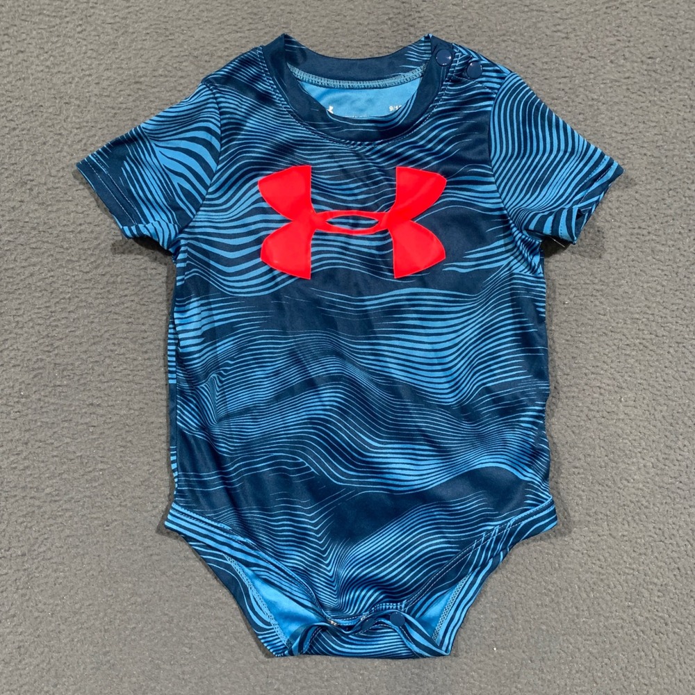 Under Armour Bodysuit Baby 9-12M Blue Orange HeatGear Wavy Graphic Athletic Logo